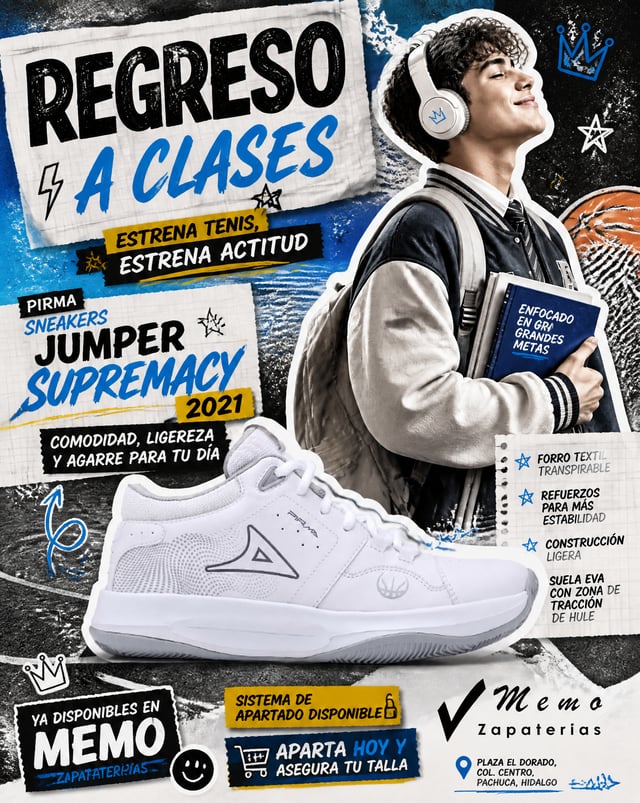 Create an original back-to-school footwear advertisement poster in modern Y2K scrapbook collage styl