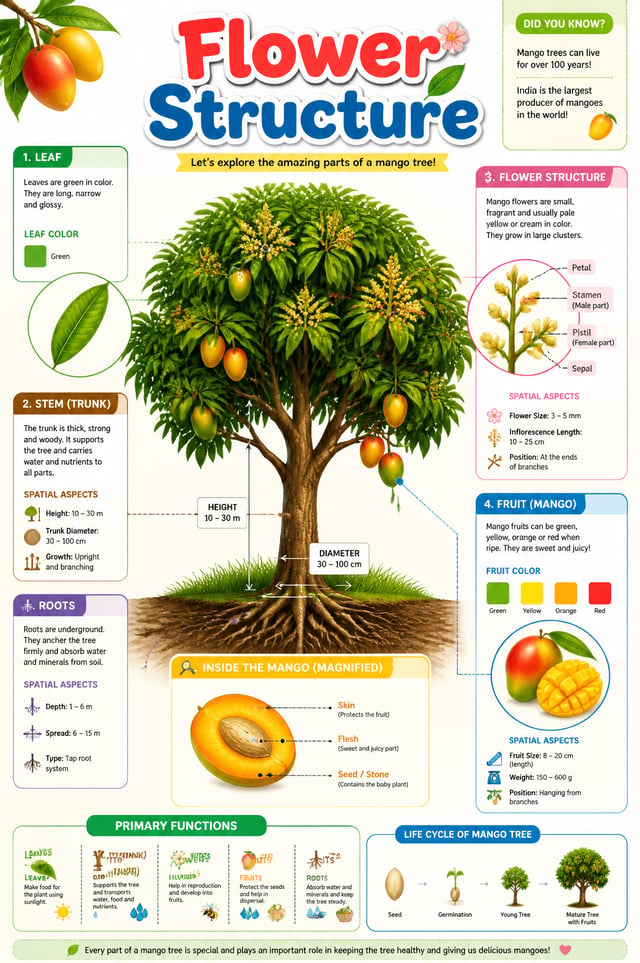 Create a colorful, highly detailed educational infographic about the visual elements of a plant. The