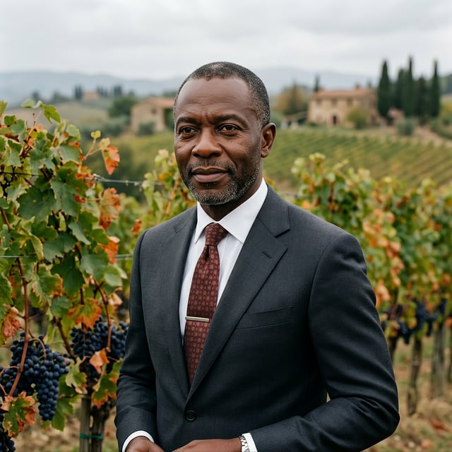 Ultra realistic portrait of a polished Nigerian diplomat, in a rustic Tuscan vineyard during harvest