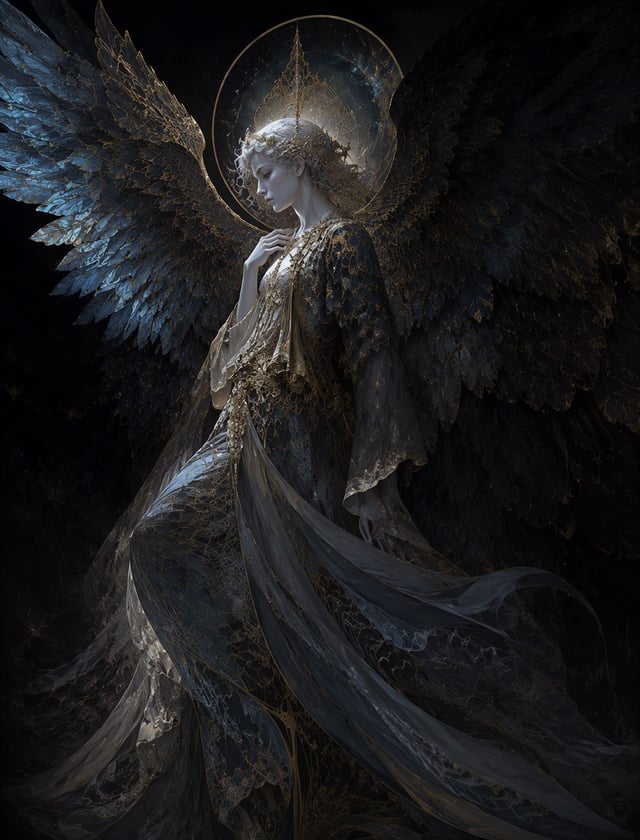 A celestial entity with expansive sable wings, feathers rendered with hyper-detailed textures remini