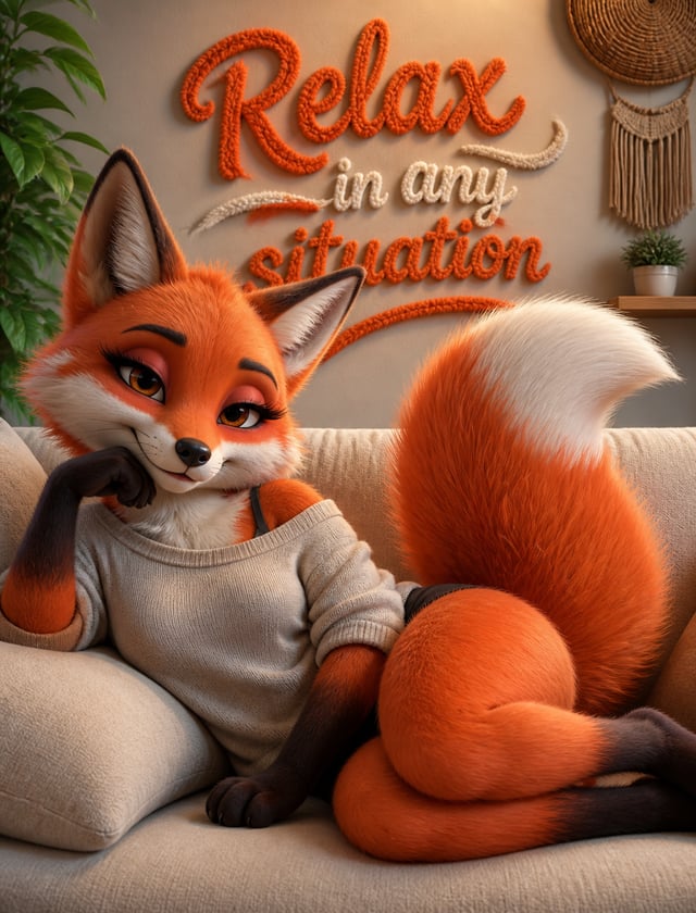 A stunning 3D rendering showcases an anthropomorphic red fox lounging comfortably on a light beige s