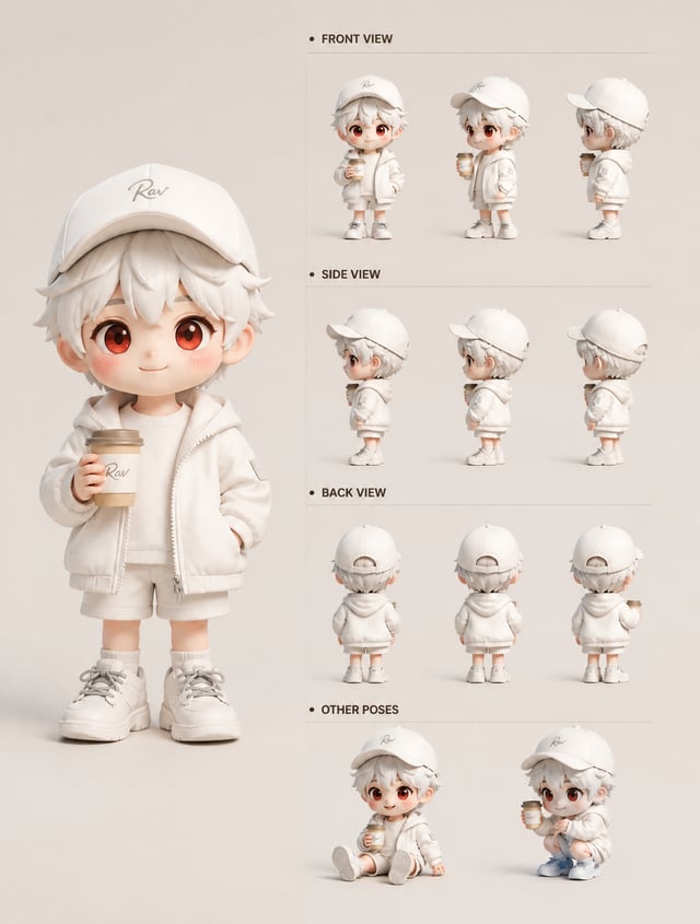 A cute 3D chibi character model sheet, Pixar/Disney-style rendering, adorable stylized boy with over