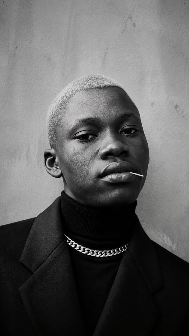 Ultra-realistic fashion black and white portrait of a man with short light hair buzzcut white hair ,