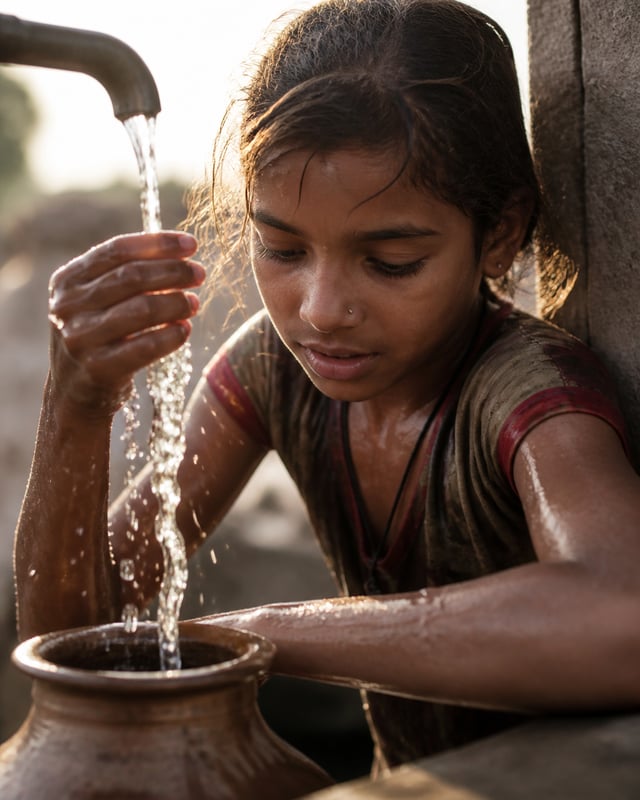 Hyper-realistic documentary portrait. A young South Asian girl at a village well, water droplets cat