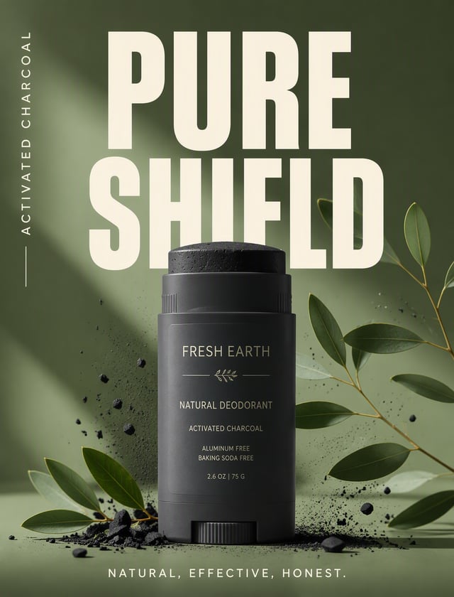 Create a premium vertical product advertising poster for a fictional natural deodorant brand "FRESH 