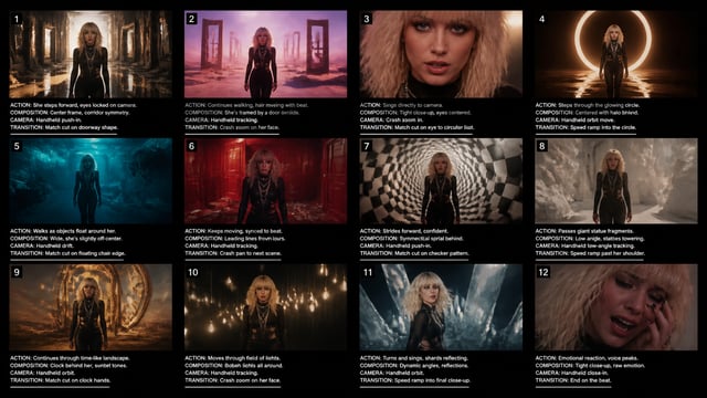 Create a cinematic storyboard for: певица проходит через меняющиеся сюрреалистичные декорации в ритм