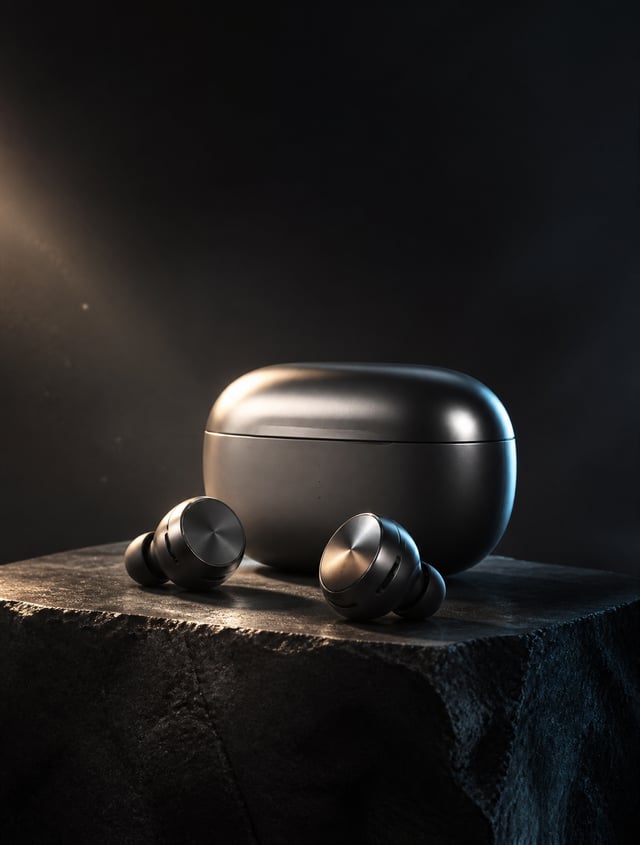 Create a photorealistic premium commercial advertisement for a futuristic luxury wireless earbud pro