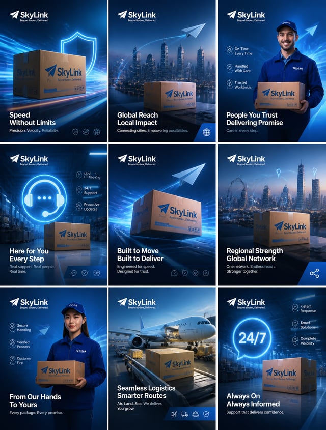 Create an ultra-premium 3x3 campaign board for a postex international logistics group, designed as a