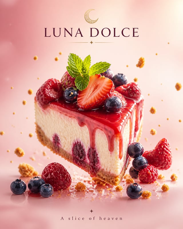 Create an ultra-premium cheesecake advertising poster for a fictional patisserie "LUNA DOLCE". FORMA