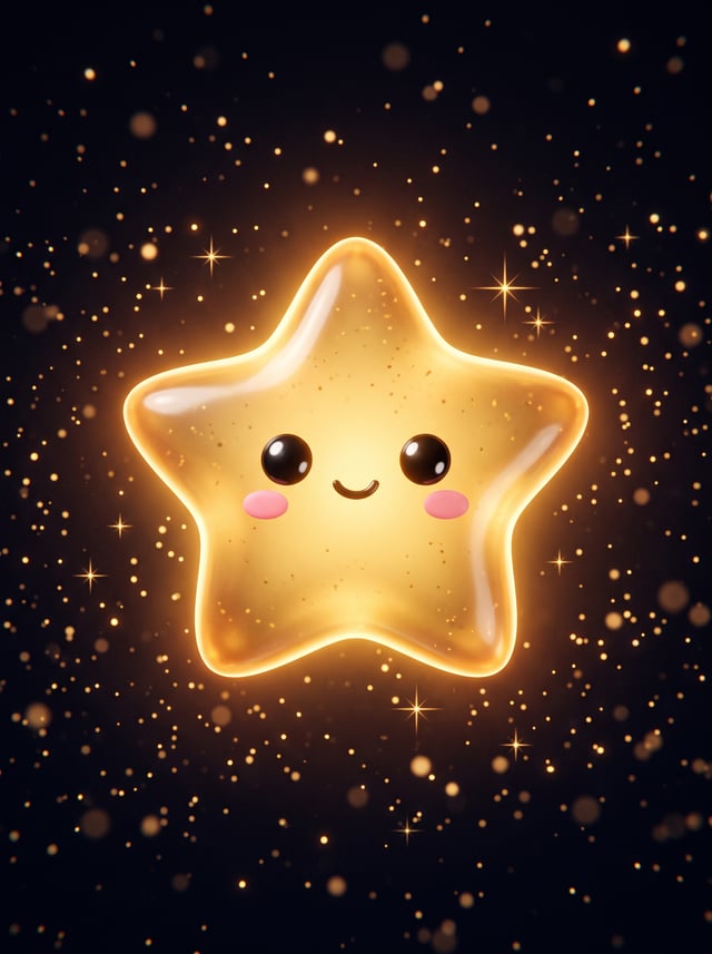 A cute five-pointed golden star character floats centered against a deep black space-like background