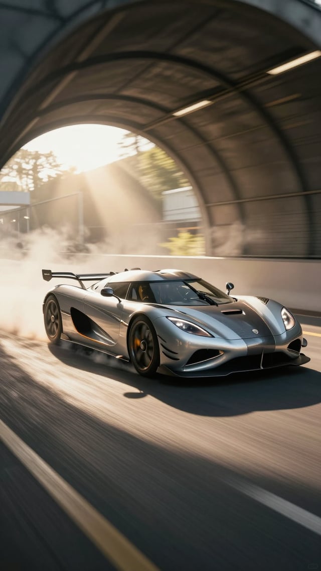 Cinematic slow motion shot: Koenigsegg Jesko Absolut launches from tunnel into bright sunlight, dust