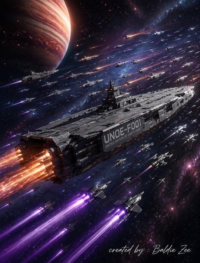 Sebuah foto ultra-realistic digital bergaya sci-fi yang epik, menampilkan armada besar kapal induk d