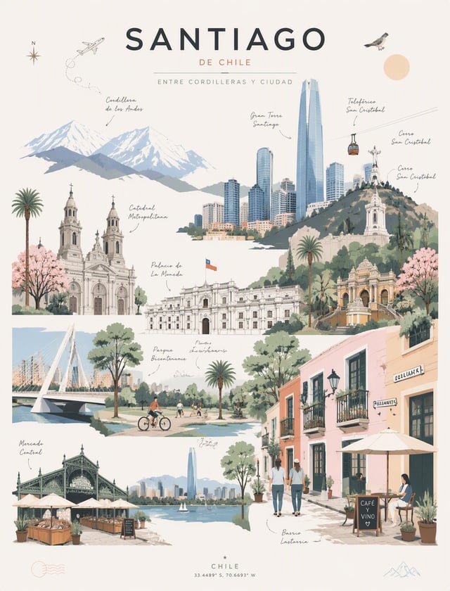 Create a sophisticated premium travel illustration of Santiago de Chile in a refined contemporary ed