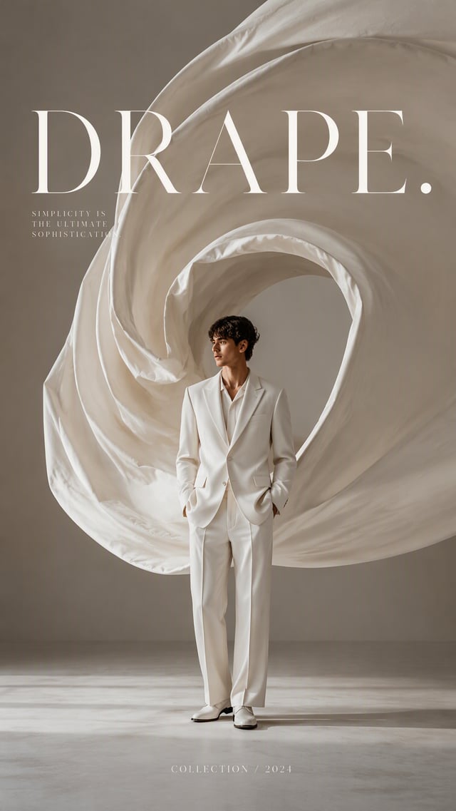 Create a premium 9:16 fashion editorial featuring a young male model wearing a simple ivory suit.A g