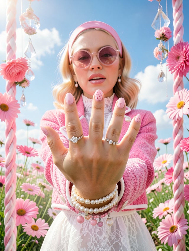 Ultra-photorealistic high-fashion editorial photograph in a dreamy pink Barbiecore aesthetic, vertic