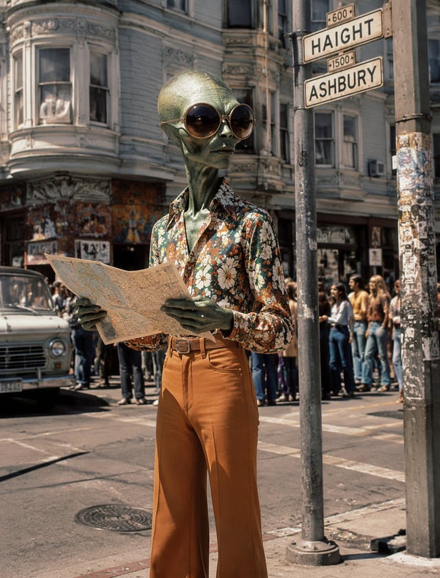 A vintage-style photo of an extraterrestrial tourist in 1970s San Francisco. The alien has elongated