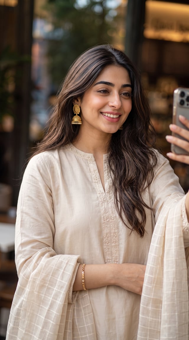 A professional fashion portrait of a beautiful young South Asian woman. She has long, voluminous wav