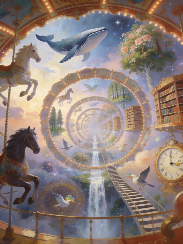 The Carousel That Never Stops An infinite carousel stretches across the universe where horses transf