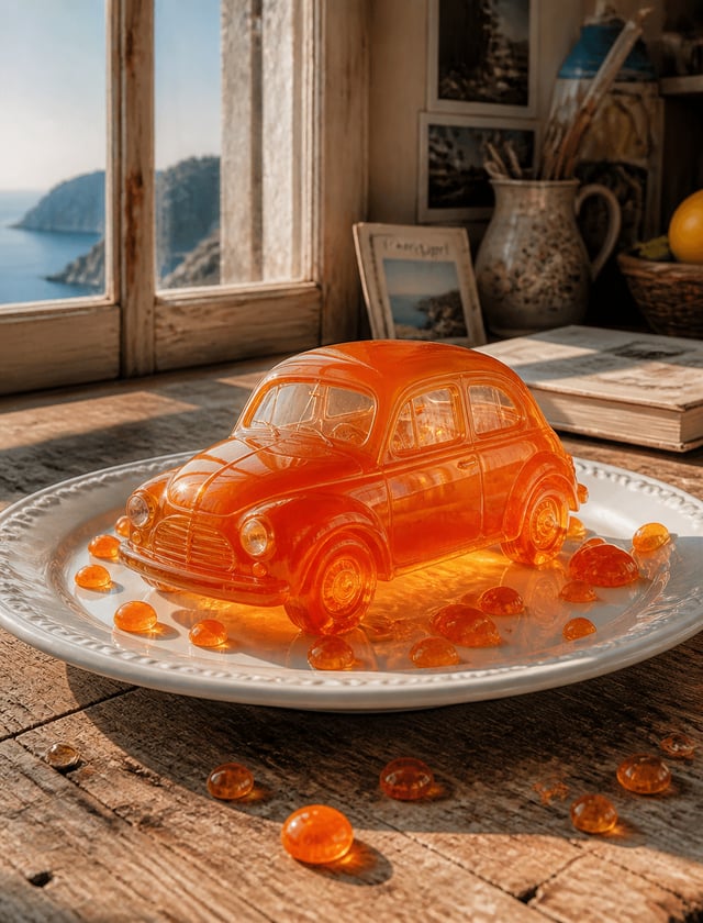full shot of a surreal miniature vintage orange car made of glossy translucent jelly, resting delica