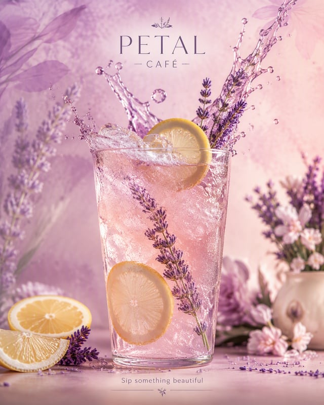 Create a refreshing premium drink advertising poster for a fictional café "PETAL". FORMAT: 4:5 verti