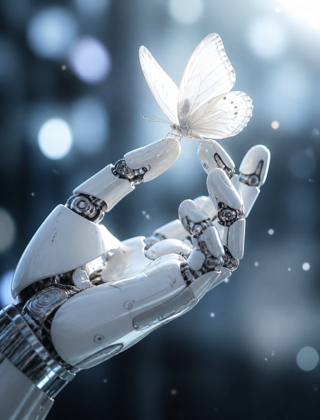 a hyper-realistic white robotic hand with intricate mechanical joints, gently holding a delicate whi