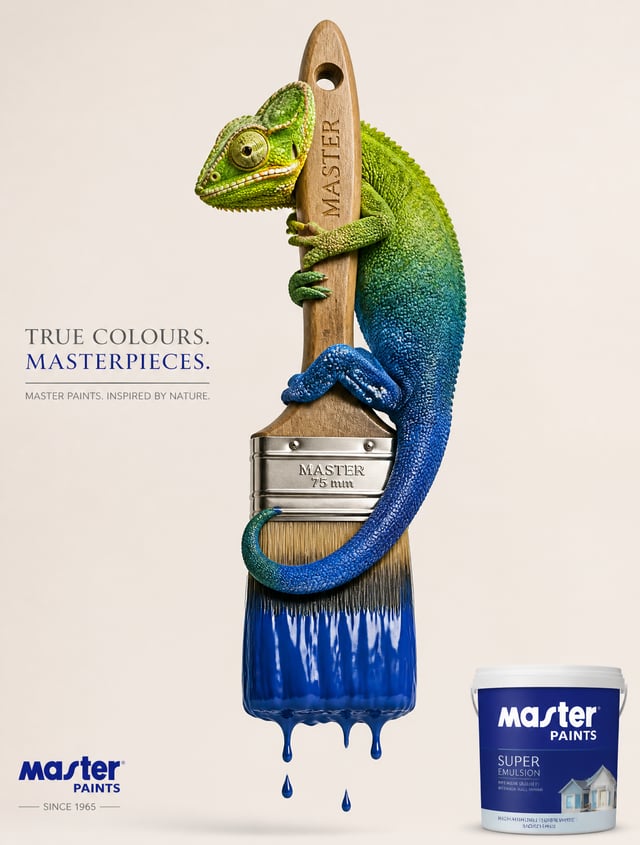 Create an ultra-premium editorial advertising poster for master paints centered on one oversized hyp