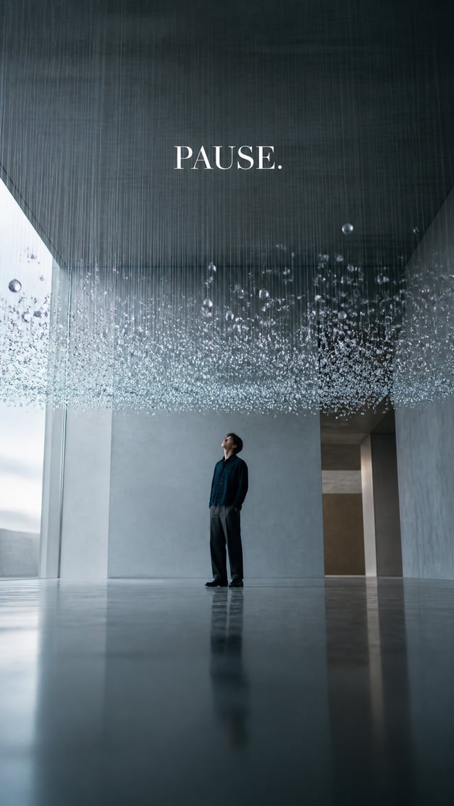 Premium editorial campaign.Main Subject: Young man standing inside a minimalist architectural space.