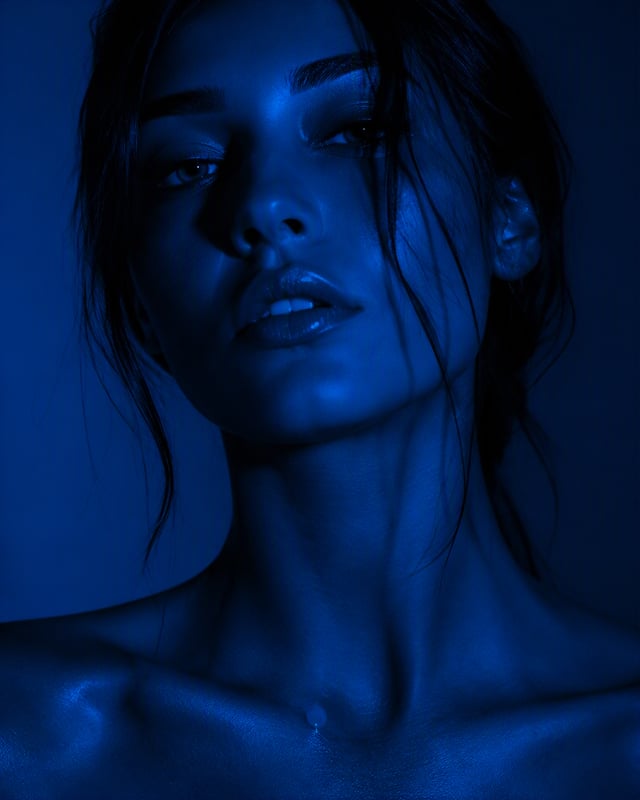 Create a hyper-realistic cinematic beauty portrait of a woman bathed entirely in deep cobalt-blue li