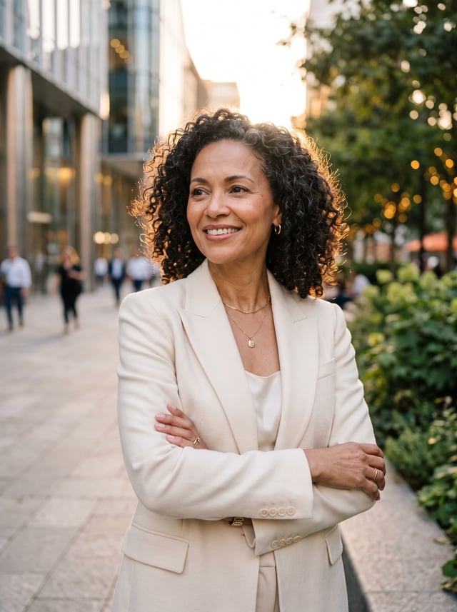 A hyper-realistic, professional editorial portrait of a radiant and confident woman in her early 50s