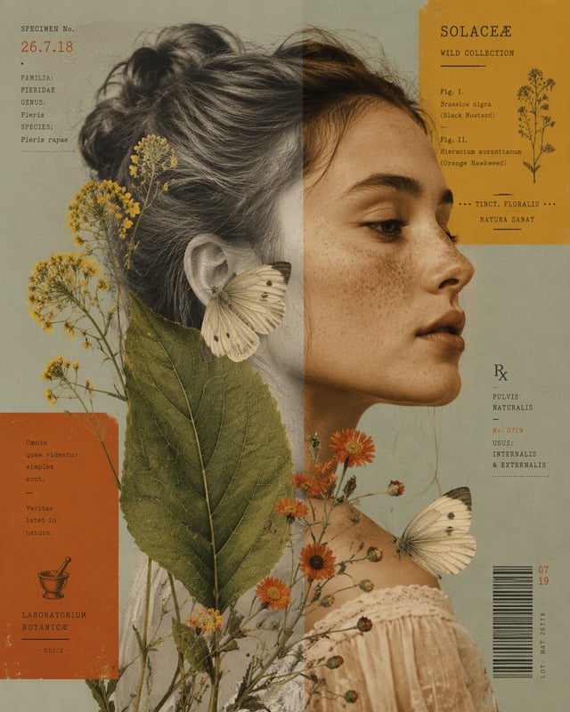 A mixed-media collage portrait of a young woman's profile split into duality — one half rendered in 
