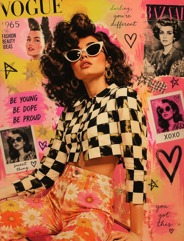 A stunningly conceptual illustration of a 20-year-old woman exuding 60s-inspired glamour, with her v