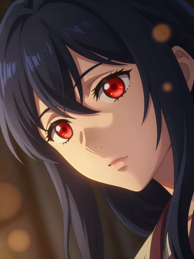 An anime-style young woman fills the frame in an extreme close-up, her head tilted diagonally as one