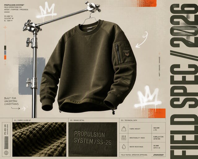 An avant-garde experimental print advertisement poster for modern technical streetwear. The central 