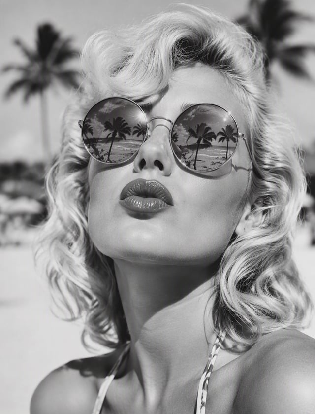 A pop art style black and white photograph of a woman with blonde hair wearing round sunglasses. The