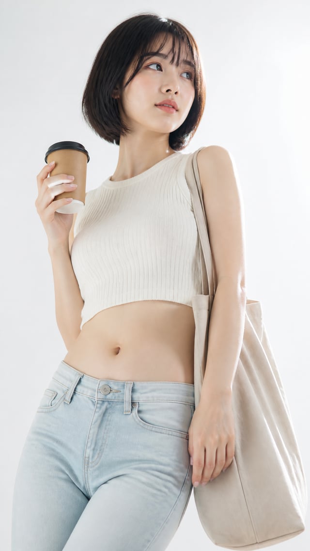 Portrait of a young woman in her 20s captured in a clean Japanese lifestyle magazine aesthetic. The 