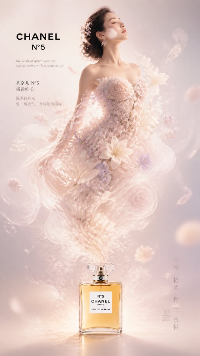 Create an ultra-luxury advertising poster for Chanel N°5 perfume, in an ethereal floral dream style 