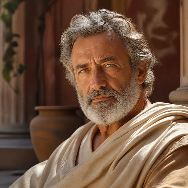 Ultra realistic portrait of a distinguished Greek philosopher, in a sun-drenched Mediterranean court