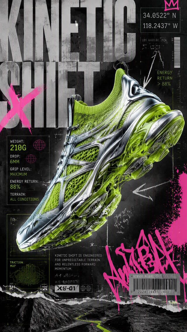 An experimental industrial advertisement poster featuring a floating, high-tech athletic sneaker mad