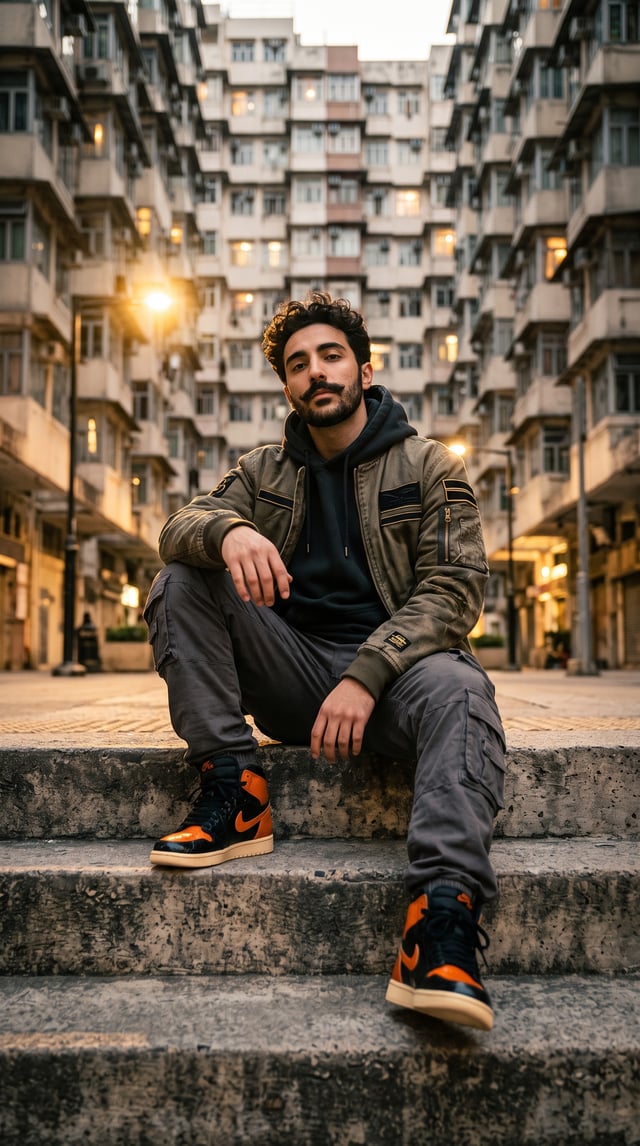 A stylish young man sitting confidently on raw concrete steps inside a dense urban housing complex d
