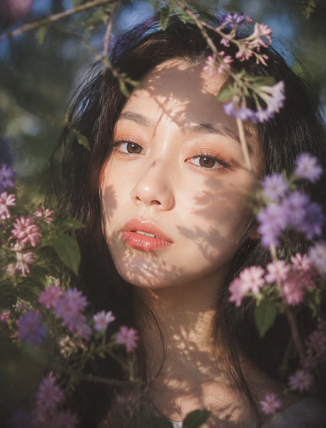 梦幻自然光花园人像，柔焦胶片质感，竖幅近距离肖像构图；年轻女性，muse般的面庞，黑色长发蓬松微乱，面部居中偏上作为主视觉，白皙偏暖象牙肤调，橘粉眼妆与水润珊瑚唇，正面安静凝视镜头，头部略抬，嘴唇轻启