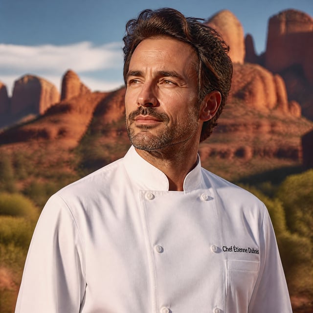 Ultra realistic portrait of a stylish French chef, against a dramatic Arizona desert red rock format