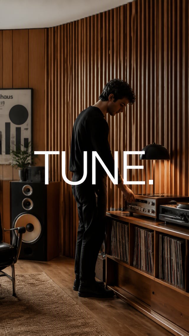 Premium editorial campaign.Main Subject: Young man standing inside a modern record-listening room.Cr