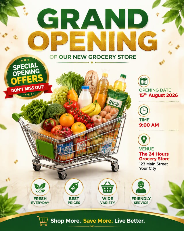 Design a premium, modern, and highly professional promotional poster for the Grand Opening of a Groc