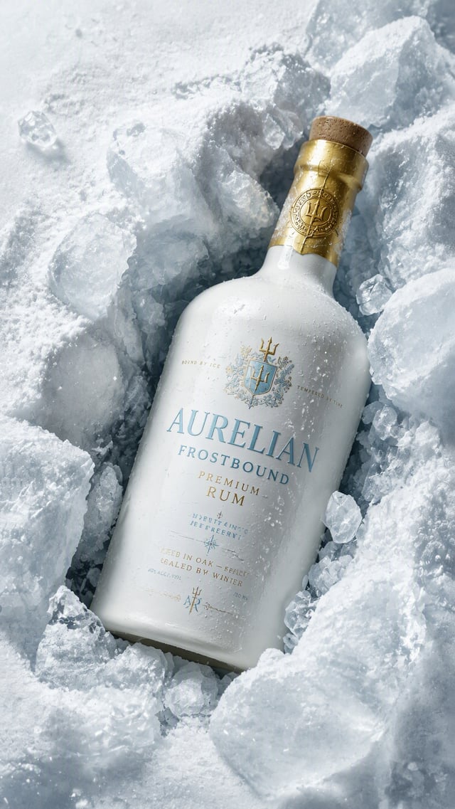Create an ultra-premium frozen spirits advertising poster with a strict top-down macro product compo