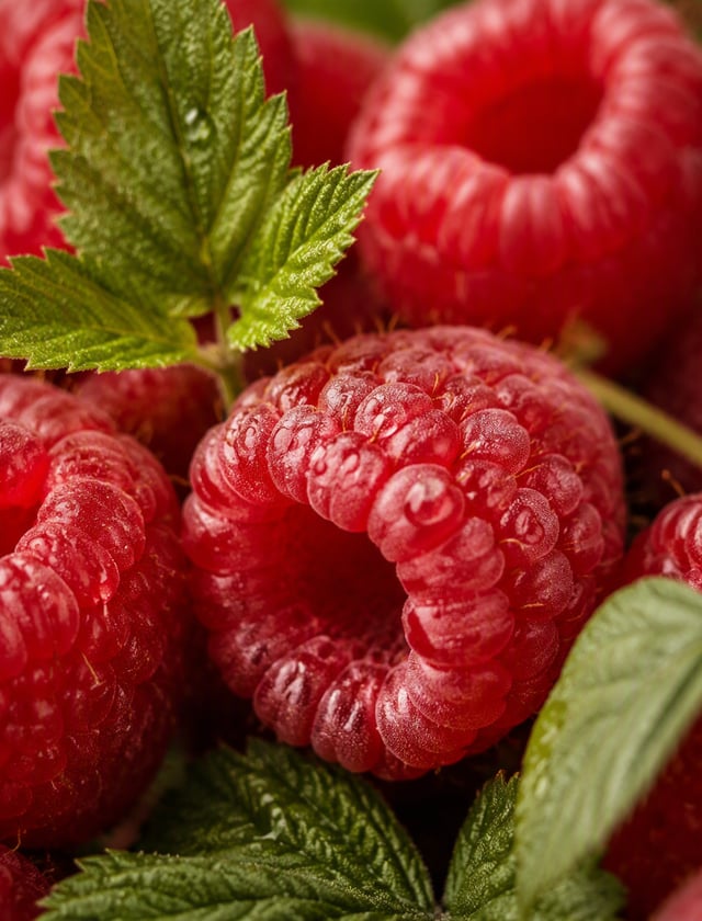 Macro close-up photo of ripe fresh raspberries with leaves, red pink rich style, shapes inspired by 