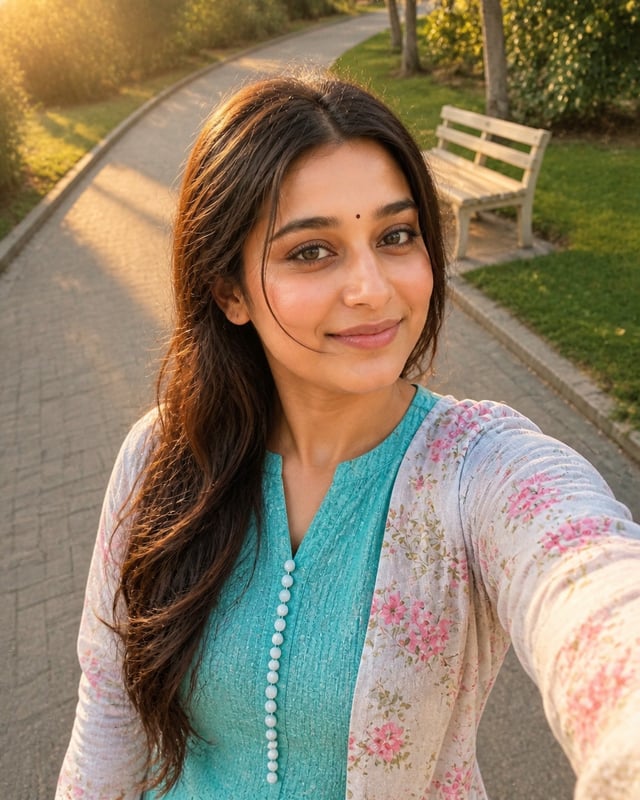 A young South Asian woman takes a high-angle smartphone selfie on a park walkway, looking directly i