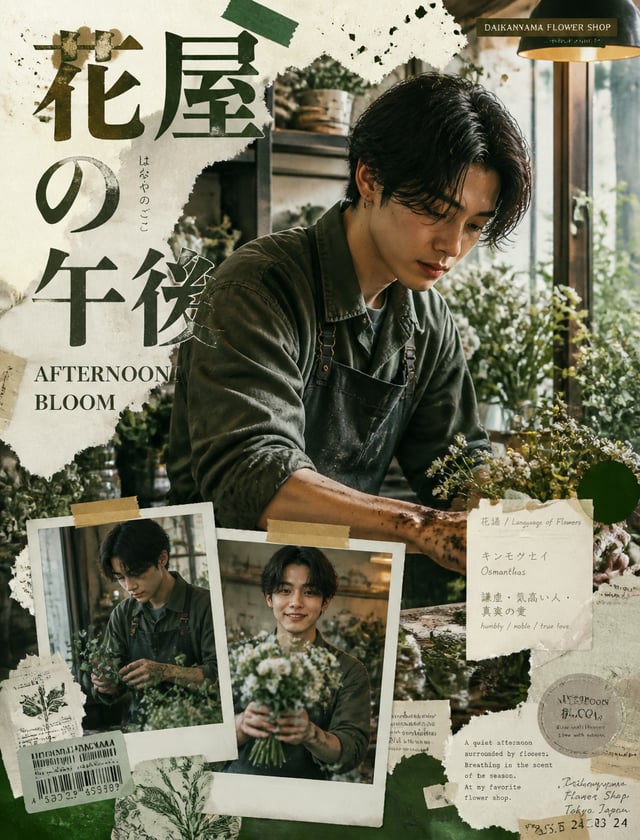 Y2K日系街头编辑拼贴海报，东亚面孔年轻男性，代官山小众花店操作台前，袖口沾着泥土与花瓣碎屑，眼神温柔却带着一丝不易察觉的疲惫，自然皮肤纹理干燥唇纹微卷中分发型，花店落地窗自然柔光与暖色工作灯交织的柔