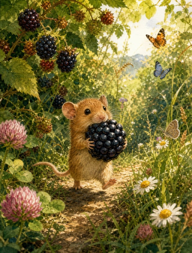 A tiny dormouse proudly carrying an enormous blackberry almost as big as itself through a lush summe