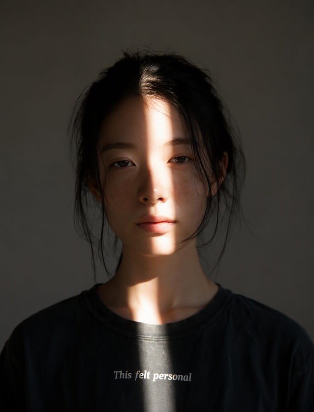 a starkly lit portrait of an asian woman with black hair gathered back, facing the camera against a 