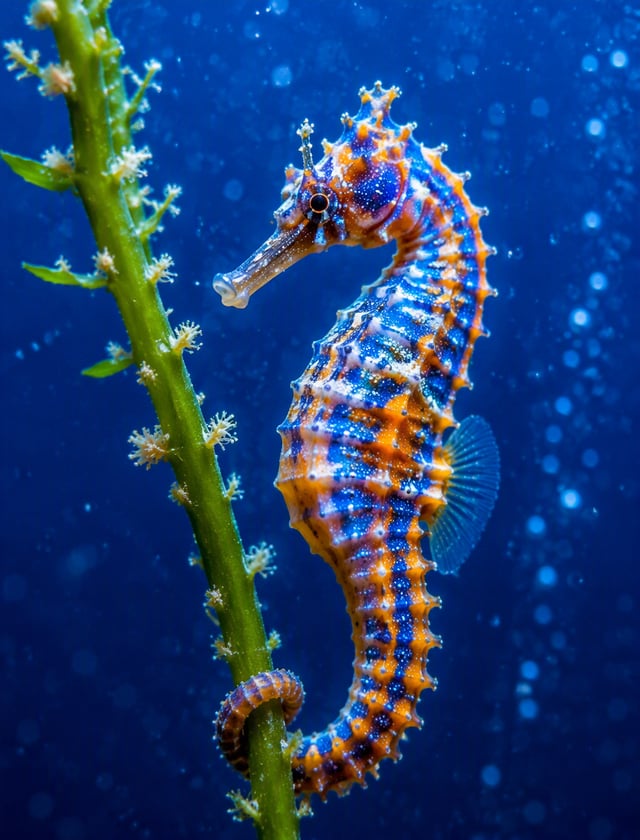 A photo of a seahorse with a vibrant blue and orange pattern. The seahorse is holding onto a green s